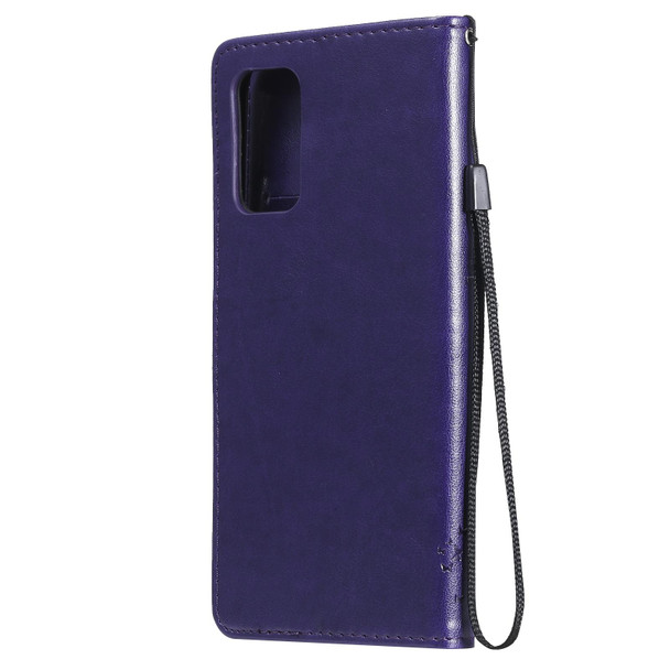 Xiaomi Redmi Note 9 4G Tree & Cat Pattern Pressed Printing Horizontal Flip PU Leather Case with Holder & Card Slots & Wallet & Lanyard(Purple)