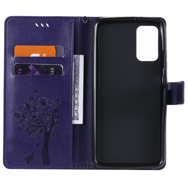 Xiaomi Redmi Note 9 4G Tree & Cat Pattern Pressed Printing Horizontal Flip PU Leather Case with Holder & Card Slots & Wallet & Lanyard(Purple)