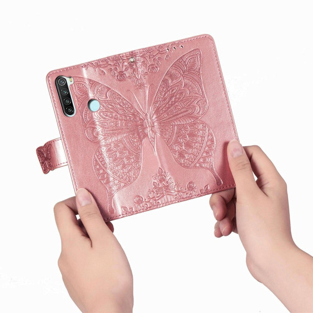 Xiaomi Redmi Note 8T Butterfly Love Flower Embossed Horizontal Flip Leather Case with Bracket Lanyard Card Slot Wallet(Rose Gold)