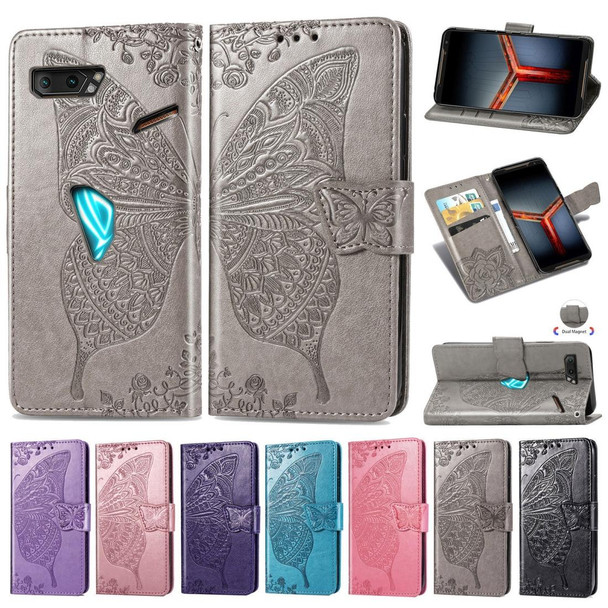 Asus ROG Phone II 2 ZS660K Butterfly Love Flowers Embossing Horizontal Flip Leatherette Case with Holder & Card Slots & Wallet & Lanyard(Blue)