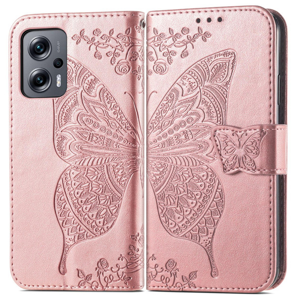 Xiaomi Redmi Note 11T Butterfly Love Flower Embossed Horizontal Flip Leather Phone Case(Rose Gold)