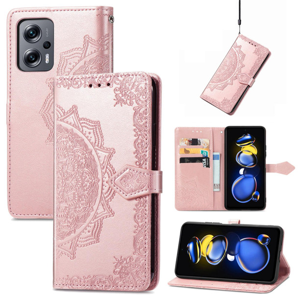 Xiaomi Redmi Note 11T 5G Mandala Flower Embossed Horizontal Flip Leather Phone Case(Rose Gold)