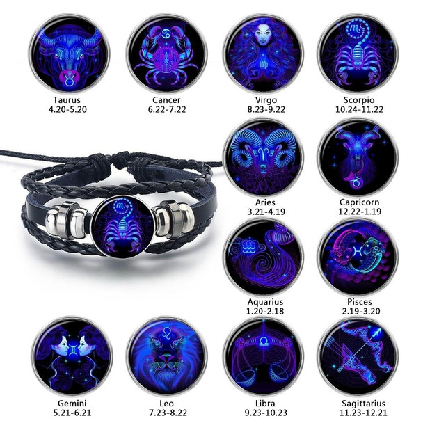 12 Constellation Black Braided Leatherette Glass Dome Punk Men Bracelet(Capricorn)