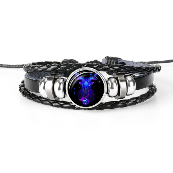 12 Constellation Black Braided Leatherette Glass Dome Punk Men Bracelet(Capricorn)