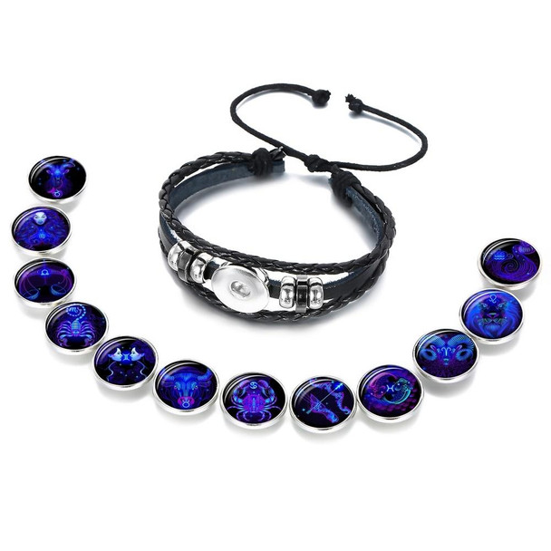 12 Constellation Black Braided Leatherette Glass Dome Punk Men Bracelet(Aquarius)