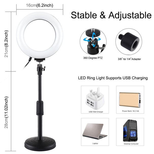 PULUZ 6.2 inch 16cm USB 10 Modes 8 Colors RGBW Dimmable LED Ring Vlogging Photography Video Lights + Round Base Desktop Mount with Cold Shoe Tripod Ball Head(Black)