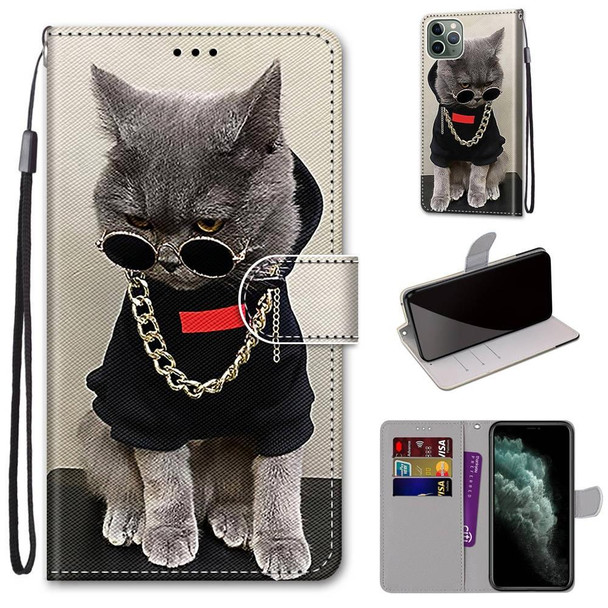 Coloured Drawing Cross Texture Horizontal Flip PU Leatherette Case with Holder & Card Slots & Wallet & Lanyard - iPhone 11 Pro Max(B09 Golden Chain Grey Cat)