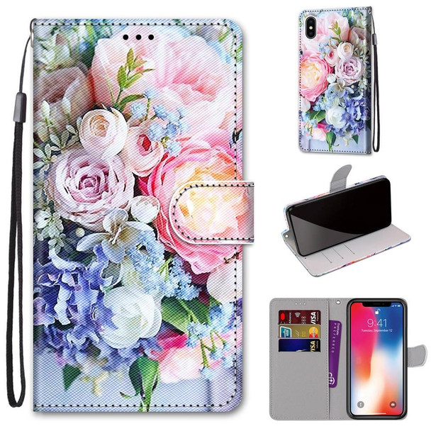 Coloured Drawing Cross Texture Horizontal Flip PU Leatherette Case with Holder & Card Slots & Wallet & Lanyard - iPhone XS / X(Light Pink Bouquet)