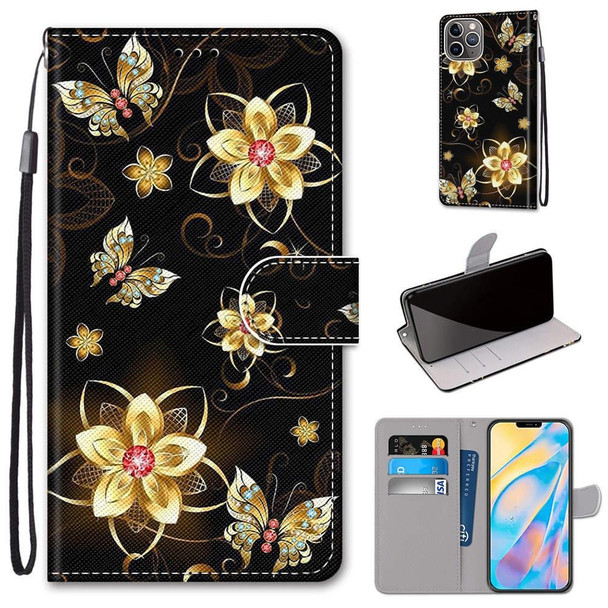 Coloured Drawing Cross Texture Horizontal Flip PU Leatherette Case with Holder & Card Slots & Wallet & Lanyard - iPhone 12 Pro Max(Gold Diamond Butterfly)