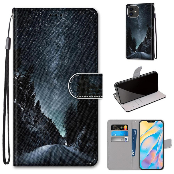 Coloured Drawing Cross Texture Horizontal Flip PU Leatherette Case with Holder & Card Slots & Wallet & Lanyard - iPhone 12 / 12 Pro(Mountain Road Starry Sky)