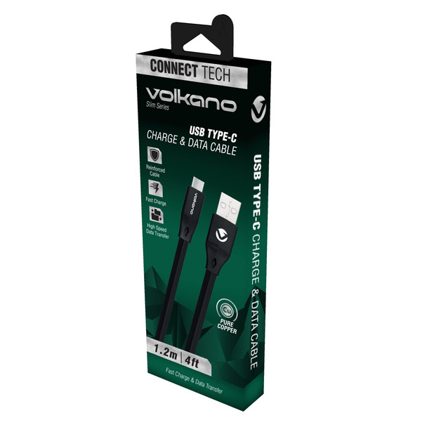 Volkano Slim Series Flat Cable - Black - 1.2m