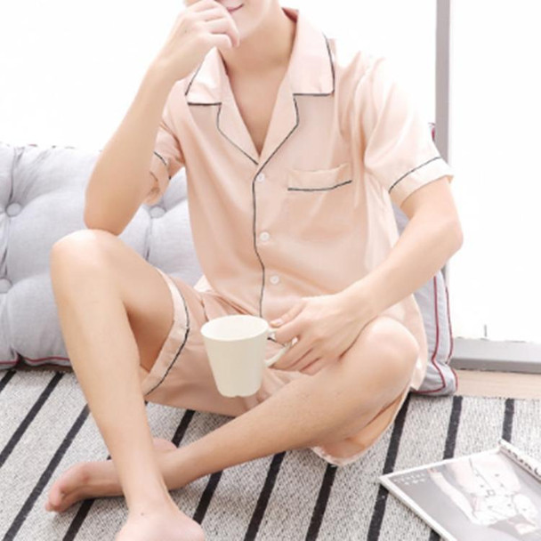 Men Large Size Ice Silk Short Sleeves and Shorts Two-Piece Pajama Set, Size:L(Champagne)