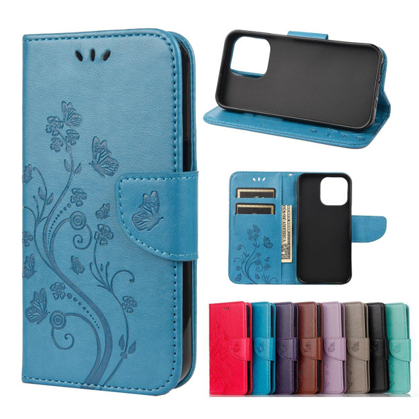 Butterfly Flower Pattern Horizontal Flip Leatherette Case with Holder & Card Slots & Wallet - iPhone 13 Pro(Blue)