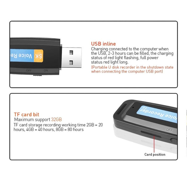 SK001 Professional Rechargeable U-Disk Portable USB Digital Audio Voice Recorder Pen Support TF Card Up to 32GB Dictaphone Flash Drive(Black)