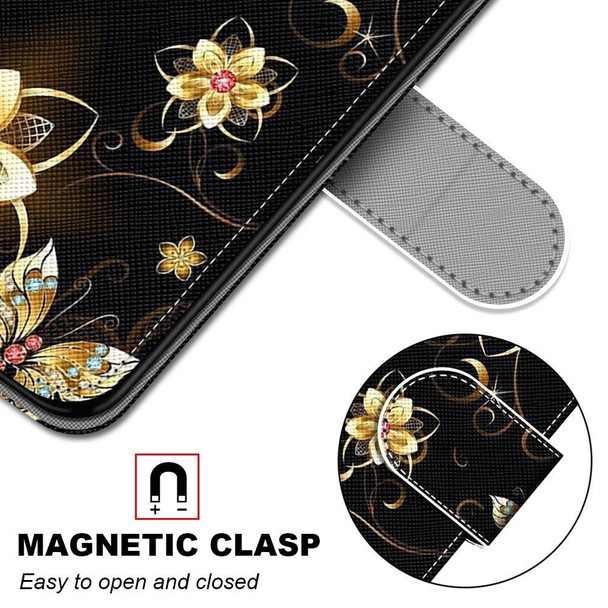 Coloured Drawing Cross Texture Horizontal Flip PU Leatherette Case with Holder & Card Slots & Wallet & Lanyard - iPhone 13 Pro Max(Gold Diamond Butterfly)