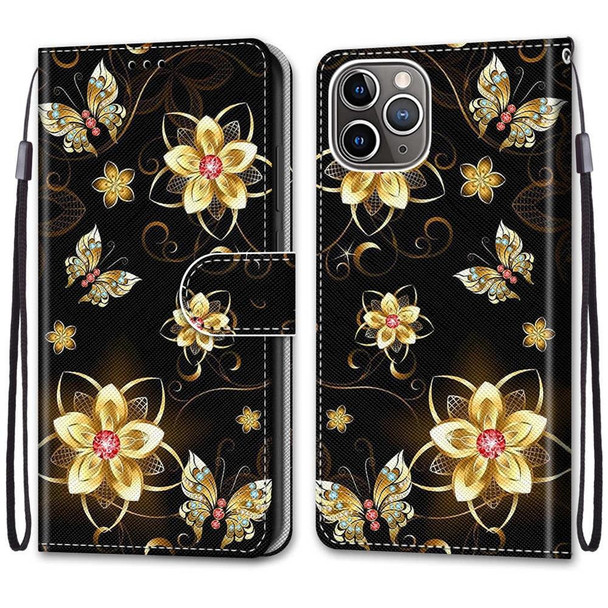 Coloured Drawing Cross Texture Horizontal Flip PU Leatherette Case with Holder & Card Slots & Wallet & Lanyard - iPhone 13 Pro Max(Gold Diamond Butterfly)