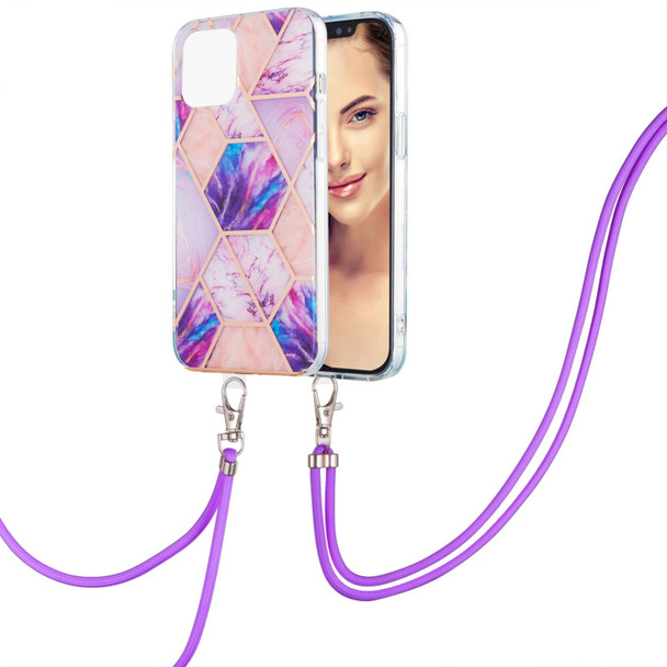 Electroplating Splicing Marble Pattern Dual-side IMD TPU Shockproof Case with Neck Lanyard - iPhone 13 Pro(Light Purple)