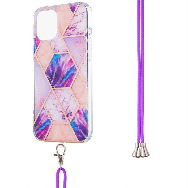 Electroplating Splicing Marble Pattern Dual-side IMD TPU Shockproof Case with Neck Lanyard - iPhone 13 Pro(Light Purple)