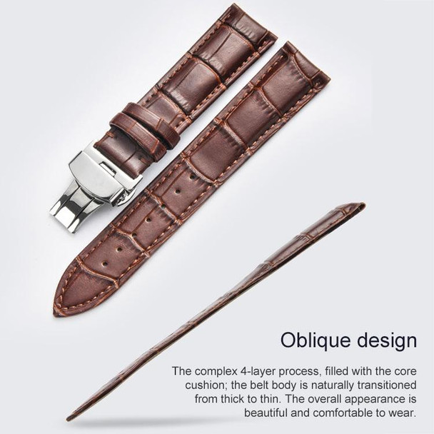 22mm Classic Cowhide Leatherette Black Butterfly Buckle Watch Band(Brown)