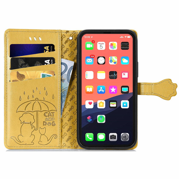 Cute Cat and Dog Embossed Horizontal Flip Leatherette Case with Holder & Card Slots & Wallet & Lanyard - iPhone 13 Pro(Yellow)