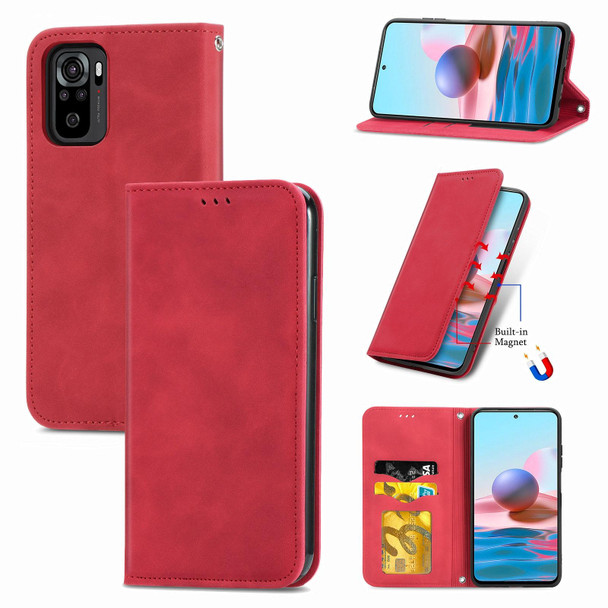 Xiaomi Redmi Note 10 4G Retro Skin Feel Business Magnetic Horizontal Flip Leather Case with Holder & Card Slots & Wallet & Photo Frame(Red)