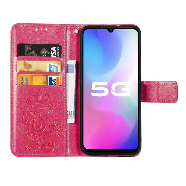 vivo Y73S 5G Four-leaf Clasp Embossed Buckle Mobile Phone Protection Leather Case with Lanyard & Card Slot & Wallet & Bracket Function(Magenta)