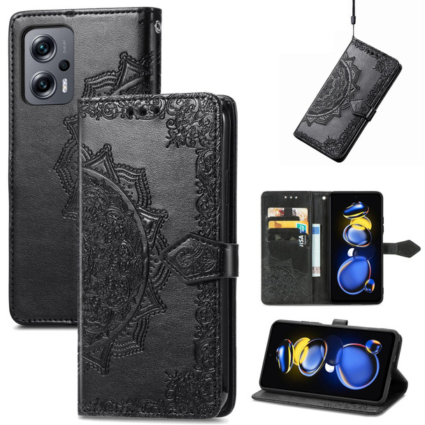 Xiaomi Redmi Note 11T 5G Mandala Flower Embossed Horizontal Flip Leather Phone Case(Black)