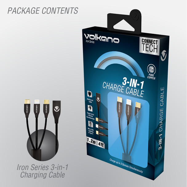 Volkano Iron Series Flexible Metal 3-in-1 Charging Cable