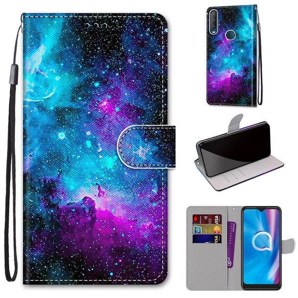 Alcatel 1S (2020) / 3L (2020) Coloured Drawing Cross Texture Horizontal Flip PU Leatherette Case with Holder & Card Slots & Wallet & Lanyard(Purple Green Starry Sky)