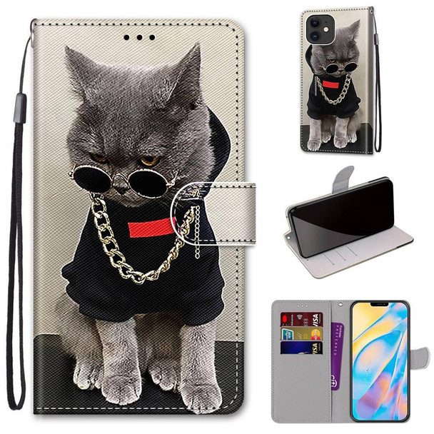 Coloured Drawing Cross Texture Horizontal Flip PU Leatherette Case with Holder & Card Slots & Wallet & Lanyard - iPhone 12 mini(B09 Golden Chain Grey Cat)