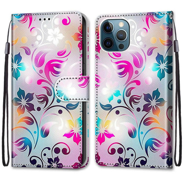 Coloured Drawing Cross Texture Horizontal Flip PU Leatherette Case with Holder & Card Slots & Wallet & Lanyard - iPhone 12 Pro Max(Gradient Colorful Flower)