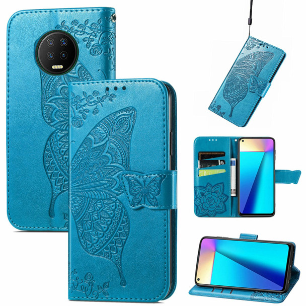 Butterfly Love Flowers Embossed Horizontal Flip Leatherette Case with Holder & Card Slots & Wallet & Lanyard - Infinix Note 7(Blue)