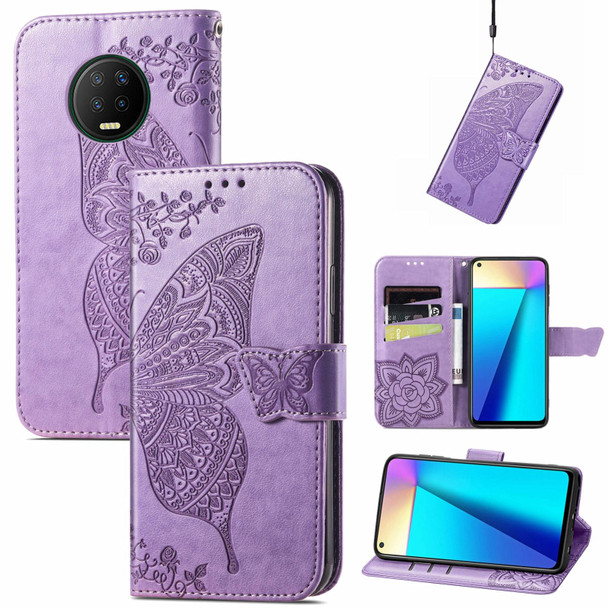 Butterfly Love Flowers Embossed Horizontal Flip Leatherette Case with Holder & Card Slots & Wallet & Lanyard - Infinix Note 7(Light Purple)