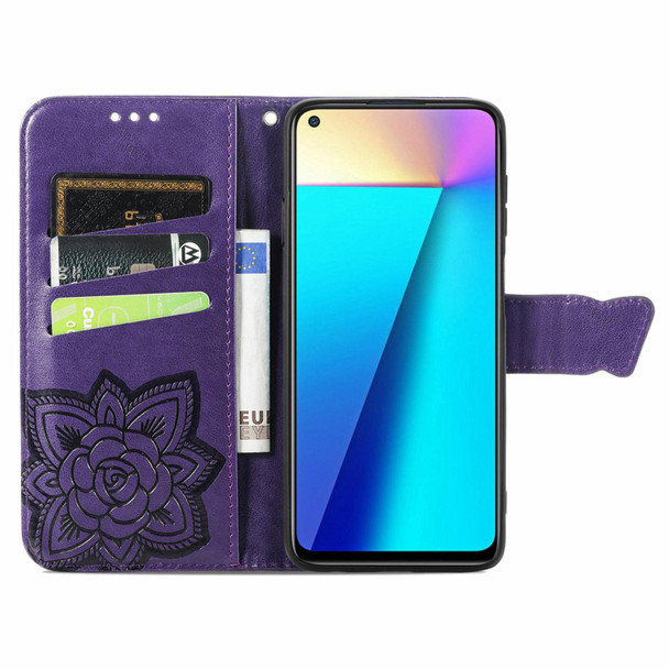 Butterfly Love Flowers Embossed Horizontal Flip Leatherette Case with Holder & Card Slots & Wallet & Lanyard - Infinix Note 7(Dark Purple)