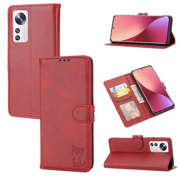Xiaomi 12 Pro Embossed Happy Cat Pattern Leather Phone Case(Red)