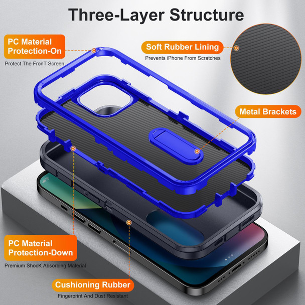 3 in 1 Rugged Holder Phone Case - iPhone 13(Dark Blue+Sapphire Blue)