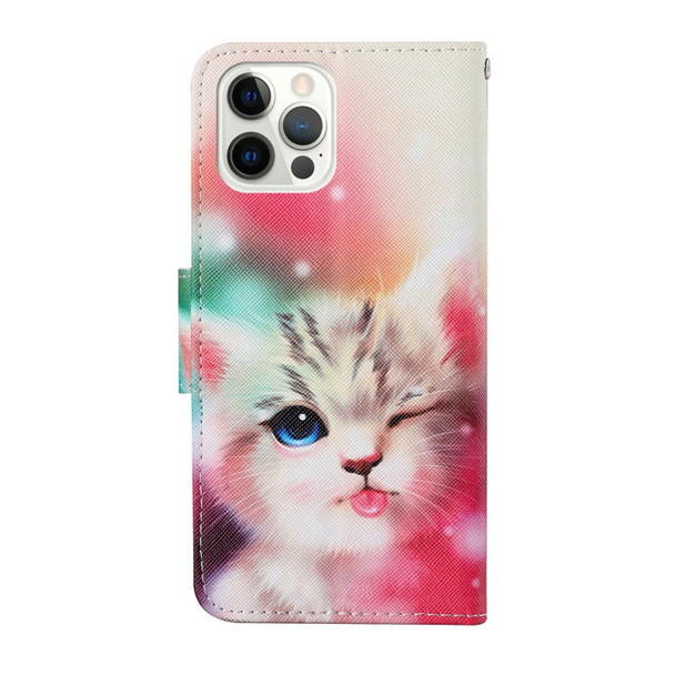 Colored Drawing Pattern Horizontal Flip Leatherette Phone Case - iPhone 13 Pro(Squint Cat)