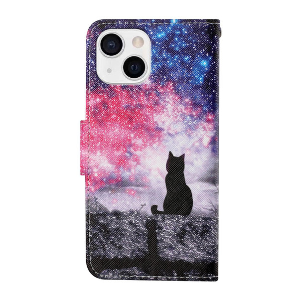 Colored Drawing Pattern Horizontal Flip Leatherette Phone Case - iPhone 13 mini(Starry Cat)