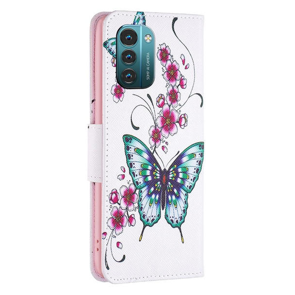 Nokia G11 / G21 Colored Drawing Pattern Horizontal Flip Leather Phone Case(Peach Blossom Butterfly)