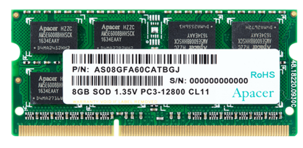 Apacer DDR3 8GB 1600 MHz SO-DIMM Memory, Retail Box , Limited Lifetime warranty