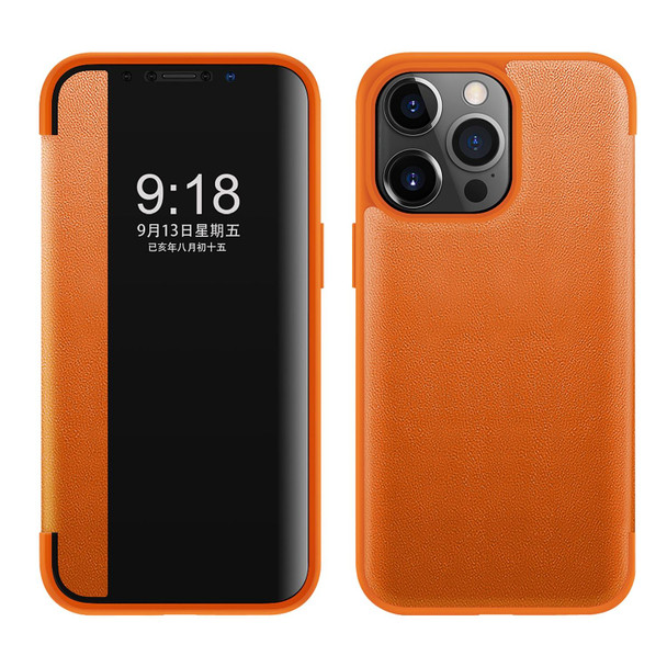 Magnetic Side Window View Shockproof Horizontal Flip Leather Case - iPhone 13 Pro Max(Orange)