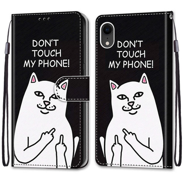 Coloured Drawing Cross Texture Horizontal Flip PU Leatherette Case with Holder & Card Slots & Wallet & Lanyard - iPhone XR(Middle Finger White Cat)