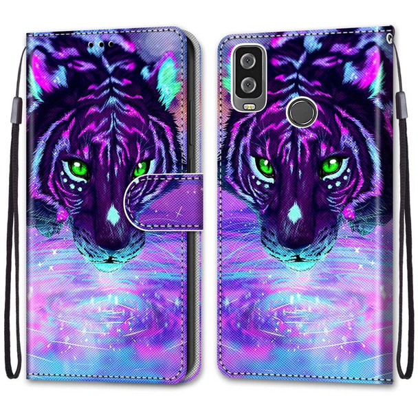 Alcatel 1L (2021) Coloured Drawing Cross Texture Horizontal Flip PU Leatherette Case with Holder & Card Slots & Wallet & Lanyard(Tiger Drinking Water)