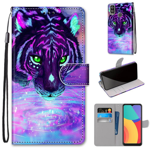 Alcatel 1L (2021) Coloured Drawing Cross Texture Horizontal Flip PU Leatherette Case with Holder & Card Slots & Wallet & Lanyard(Tiger Drinking Water)