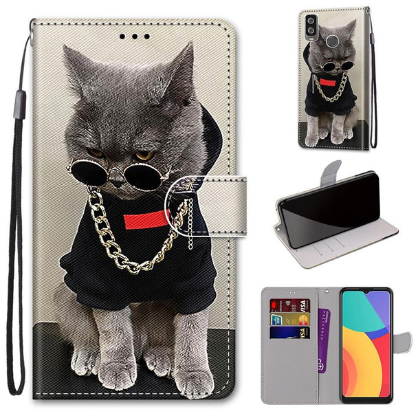 Alcatel 1L (2021) Coloured Drawing Cross Texture Horizontal Flip PU Leatherette Case with Holder & Card Slots & Wallet & Lanyard(Golden Chain Grey Cat)