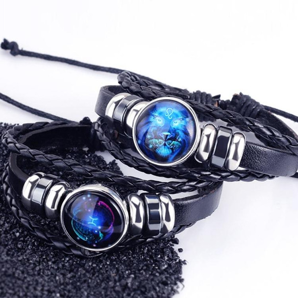 12 Constellation Black Braided Leatherette Glass Dome Punk Men Bracelet(Virgo)