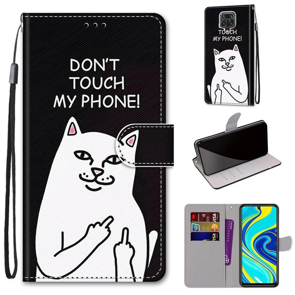 Xiaomi Redmi Note 9S / 9 Pro Coloured Drawing Cross Texture Horizontal Flip PU Leather Case with Holder & Card Slots & Wallet & Lanyard(Middle Finger White Cat)