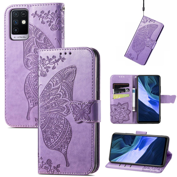 Butterfly Love Flowers Embossed Horizontal Flip Leatherette Case with Holder & Card Slots & Wallet & Lanyard - Infinix Note 10(Light Purple)