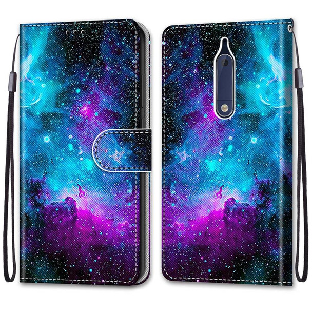 Nokia 5 Coloured Drawing Cross Texture Horizontal Flip PU Leather Case with Holder & Card Slots & Wallet & Lanyard(Purple Green Starry Sky)