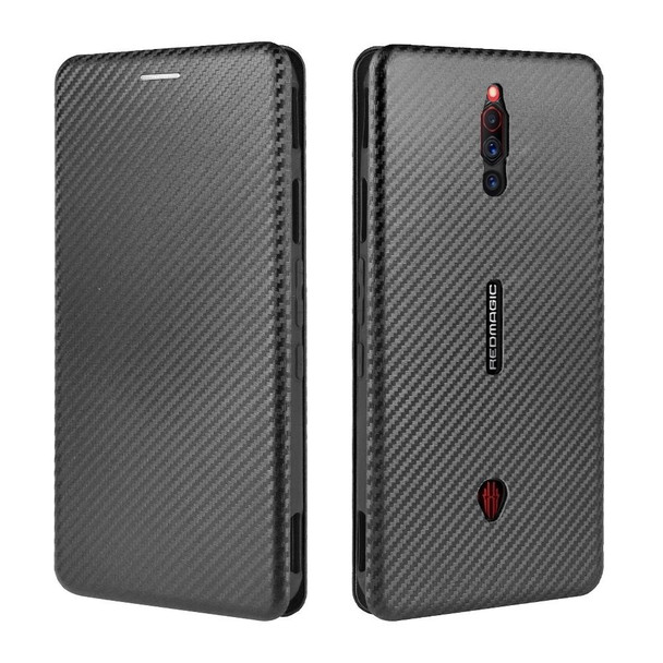 ZTE nubia Red Magic 5S Carbon Fiber Texture Magnetic Horizontal Flip TPU + PC + PU Leather Case with Card Slot(Black)